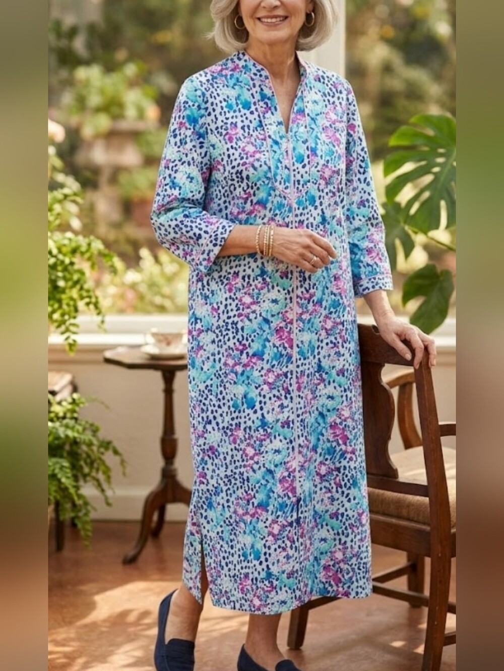 Miss Elaine Blue Floral & Leopard Print Sleep Dress with Teal and Pink Accents